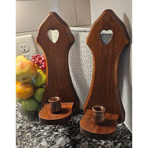 Vtg Wooden Heart Wall Sconce Candle Holder Farmhouse set of 2 - Picture 1 of 10